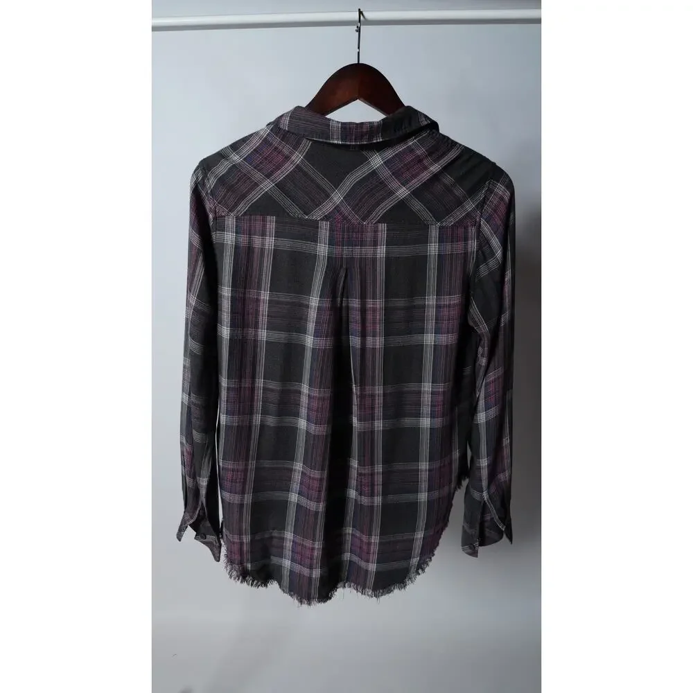 Cloth & Stone Brown Purple Plaid Top Frayed Hem Size S